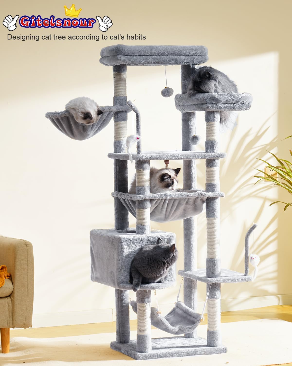 Cat Tree, Cat Tower for Large Cats with 2 Big Platforms, 2 Baskets, condo and Toys, 63" Cat
