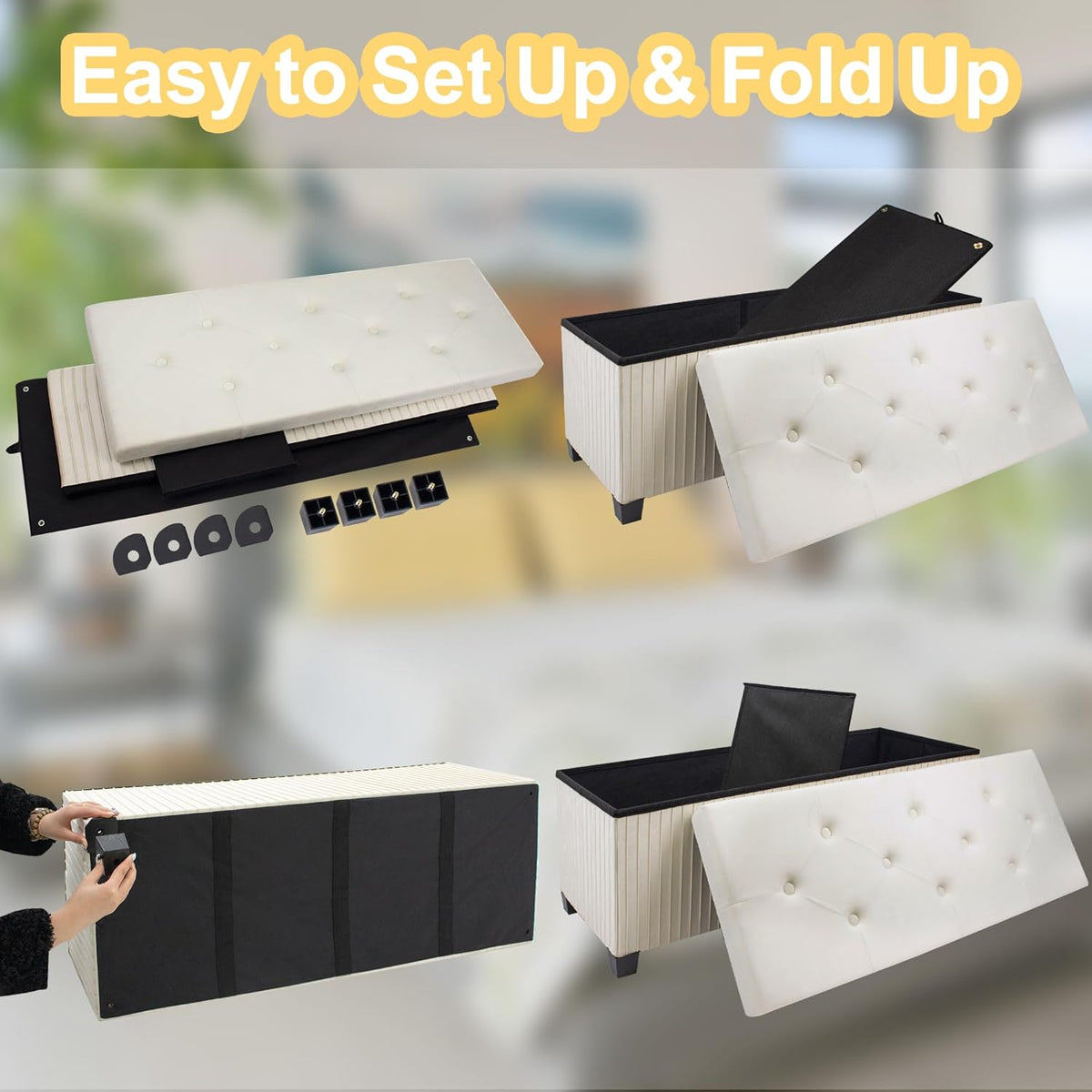 Storage Ottoman Bench, 43 Inch Foldable Ottoman with Legs, Velvet Foot Rest Stool, End of Bed