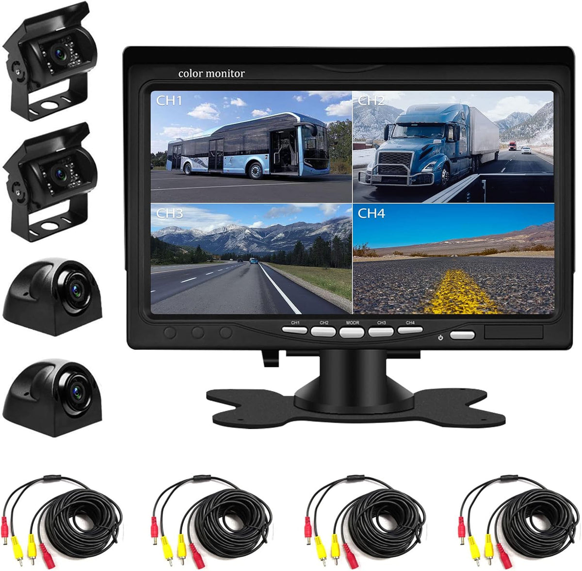 Backup Camera Kit 7 inch 4-Spilt Monitor Rear View Cameras with IP 67 Waterproof 18 IR Night Vision