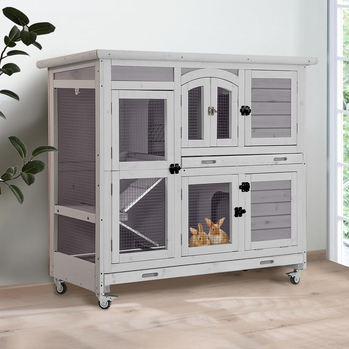 GUTINNEEN Large Rabbit Hutch Indoor with Chew-Proof Ramp, 47" Wooden Bunny Cage Guinea Pig Cages