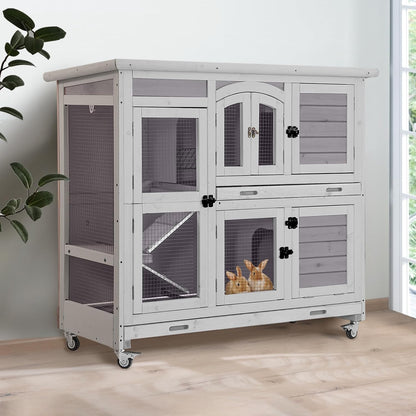 GUTINNEEN Large Rabbit Hutch Indoor with Chew-Proof Ramp, 47" Wooden Bunny Cage Guinea Pig Cages