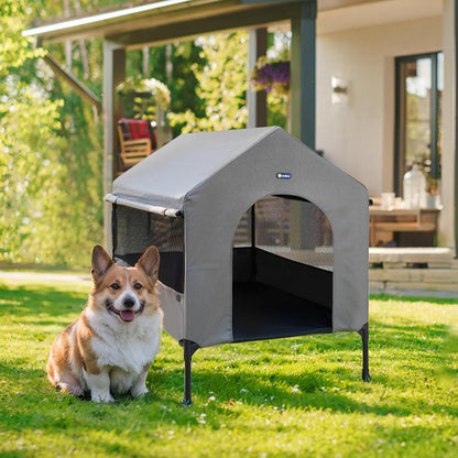 Veehoo 29" Dog House, 2-in-1 Small Dog House Outdoor Indoor Weatherproof, Outside Elevated Dog Cot