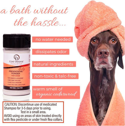 COAT DEFENSE Preventative Powder | Made in USA | 3.5oz Waterless Dog Shampoo & Pet Deodorizer for