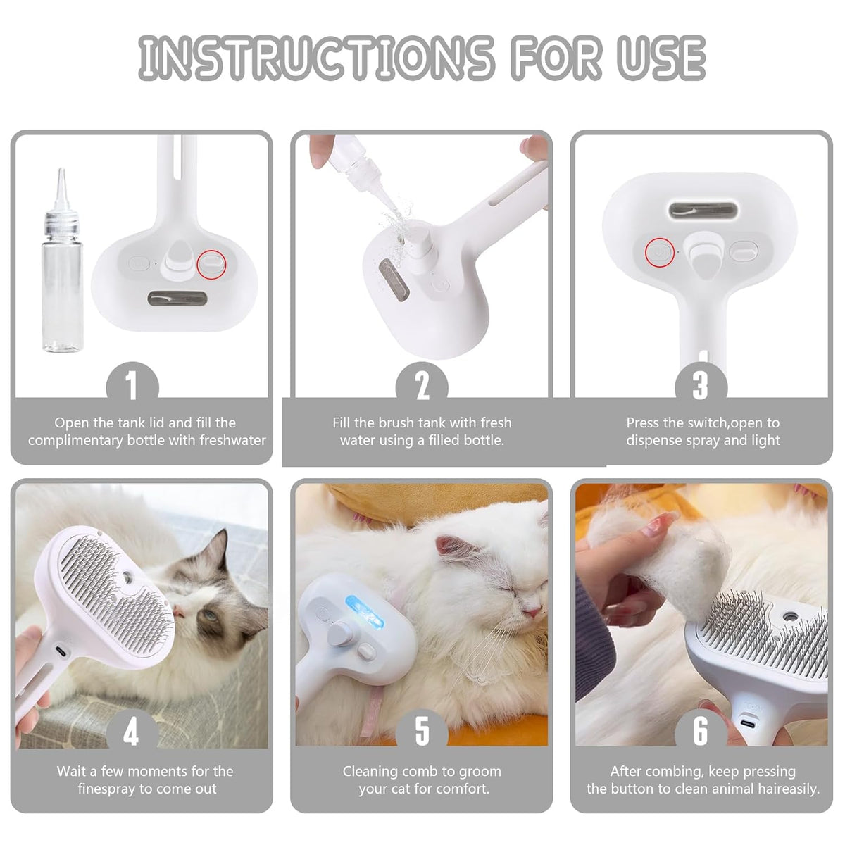 Spray Cat Pet Grooming Brush with Water Sprayer - Hair Removal Comb for Cats and Dogs, White