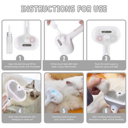 Spray Cat Pet Grooming Brush with Water Sprayer - Hair Removal Comb for Cats and Dogs, White