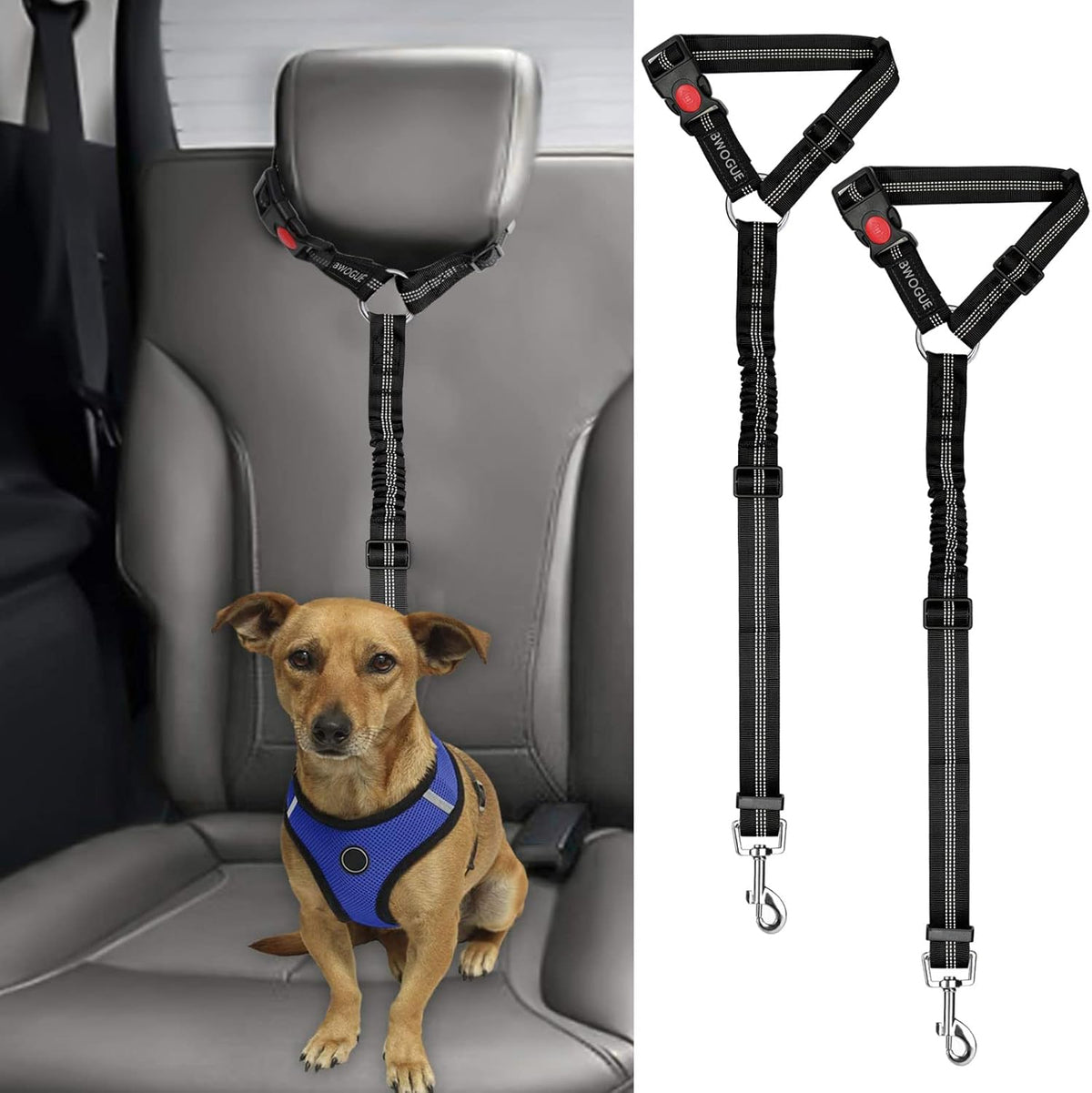 BWOGUE 2 Packs Dog Cat Safety Seat Belt Strap Car Headrest Restraint Adjustable Nylon Fabric Dog