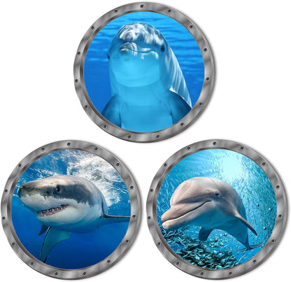 Ocean Animals World Under Sea Decor Includ Dolphins Sharks 3 Pcs Removable 3D Peel and Stick Vinyl