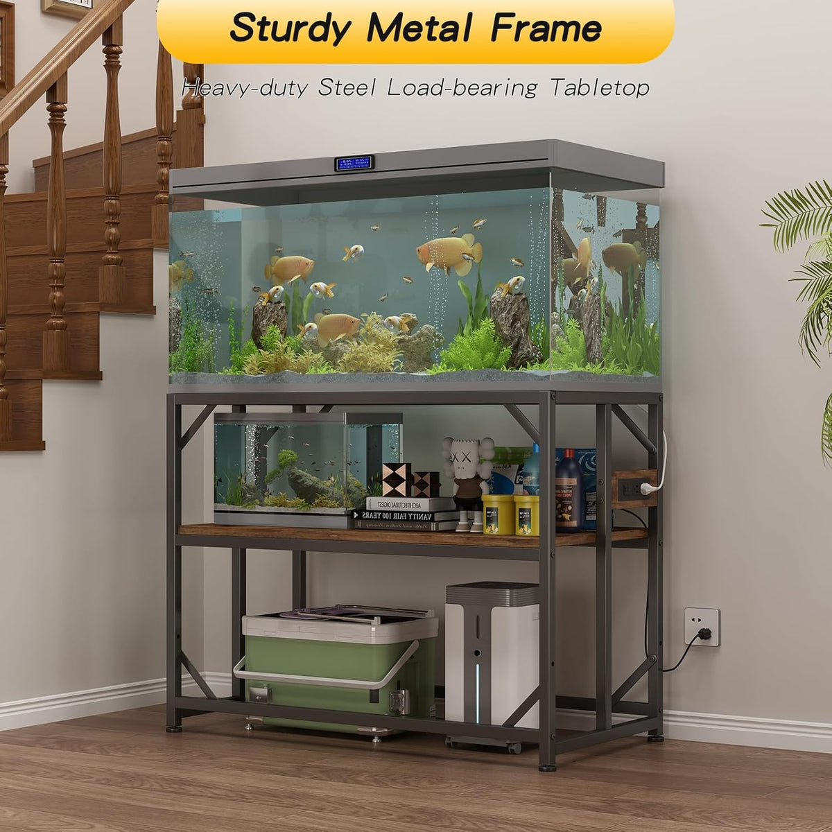 Sturdy Metal Aquarium Stand with Power Outlets, Adjustable Storage Cabinet - 660LBS Capacity