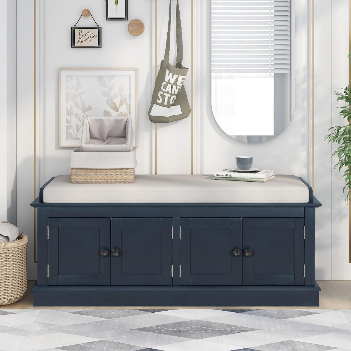 Storage Bench with 4 Doors and Adjustable Shelves, Shoe Bench with Removable Cushion for Living