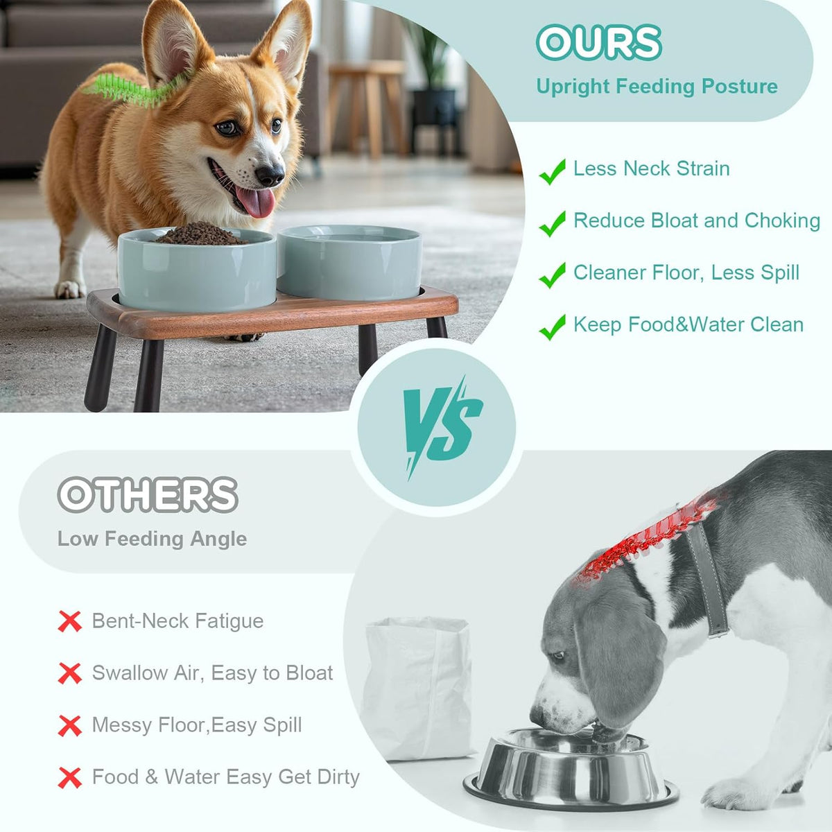 SPUNKYJUNKY Ceramic Elevated Dog Bowls Raised with Acacia Bamboo Wooden Stand, 6.1'' Dog Cat Food