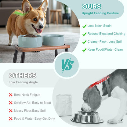 SPUNKYJUNKY Ceramic Elevated Dog Bowls Raised with Acacia Bamboo Wooden Stand, 6.1'' Dog Cat Food