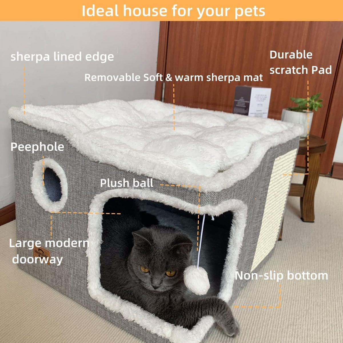 Cat Bed for Indoor Cats,Covered Cat Cave House & Furniture with Scratch Pad,Foldable Cat Hideaway