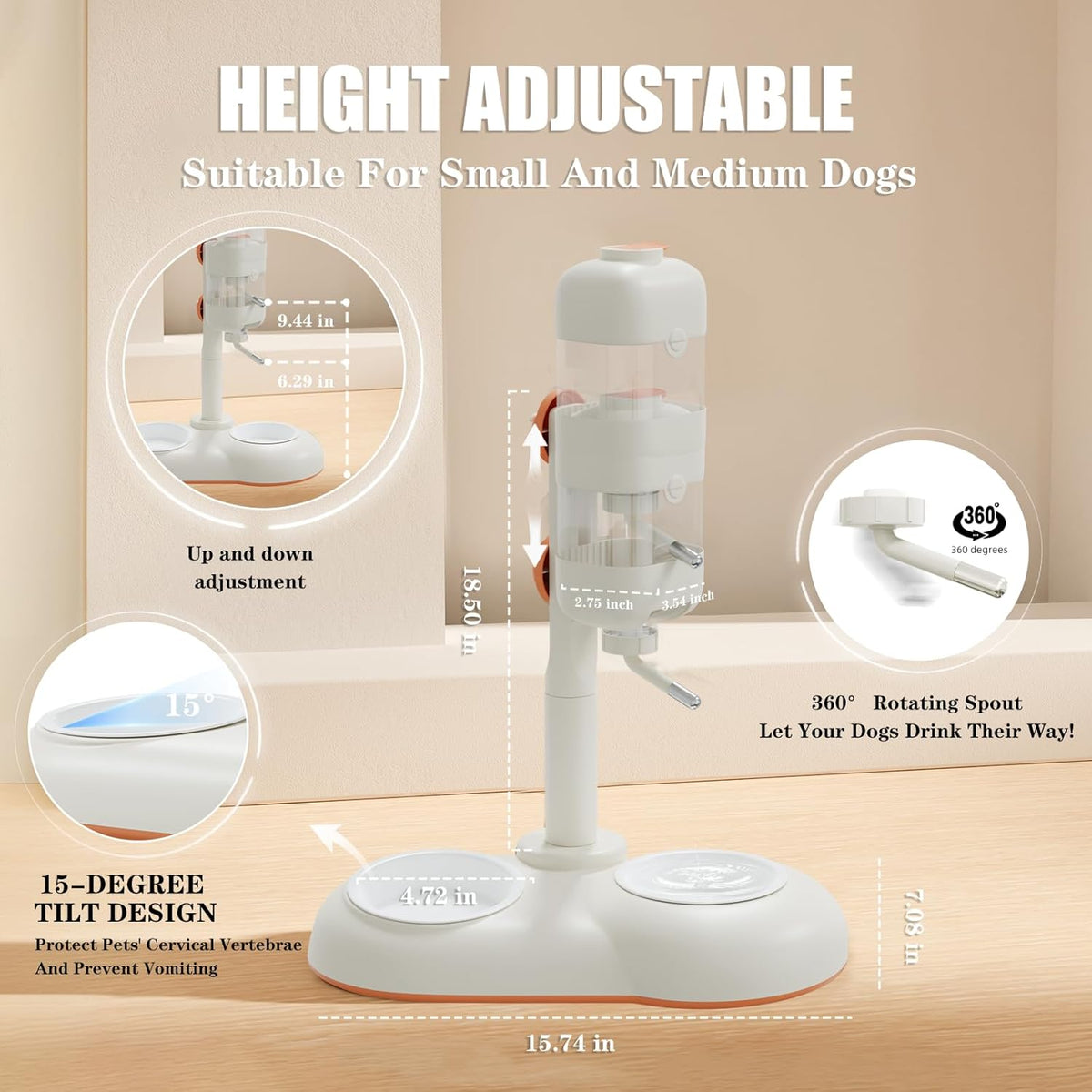 Pet Bowls with Weaning Bottles,3 in 1 Height Adjustable Water Dispenser for Dogs,15°Tilted Food