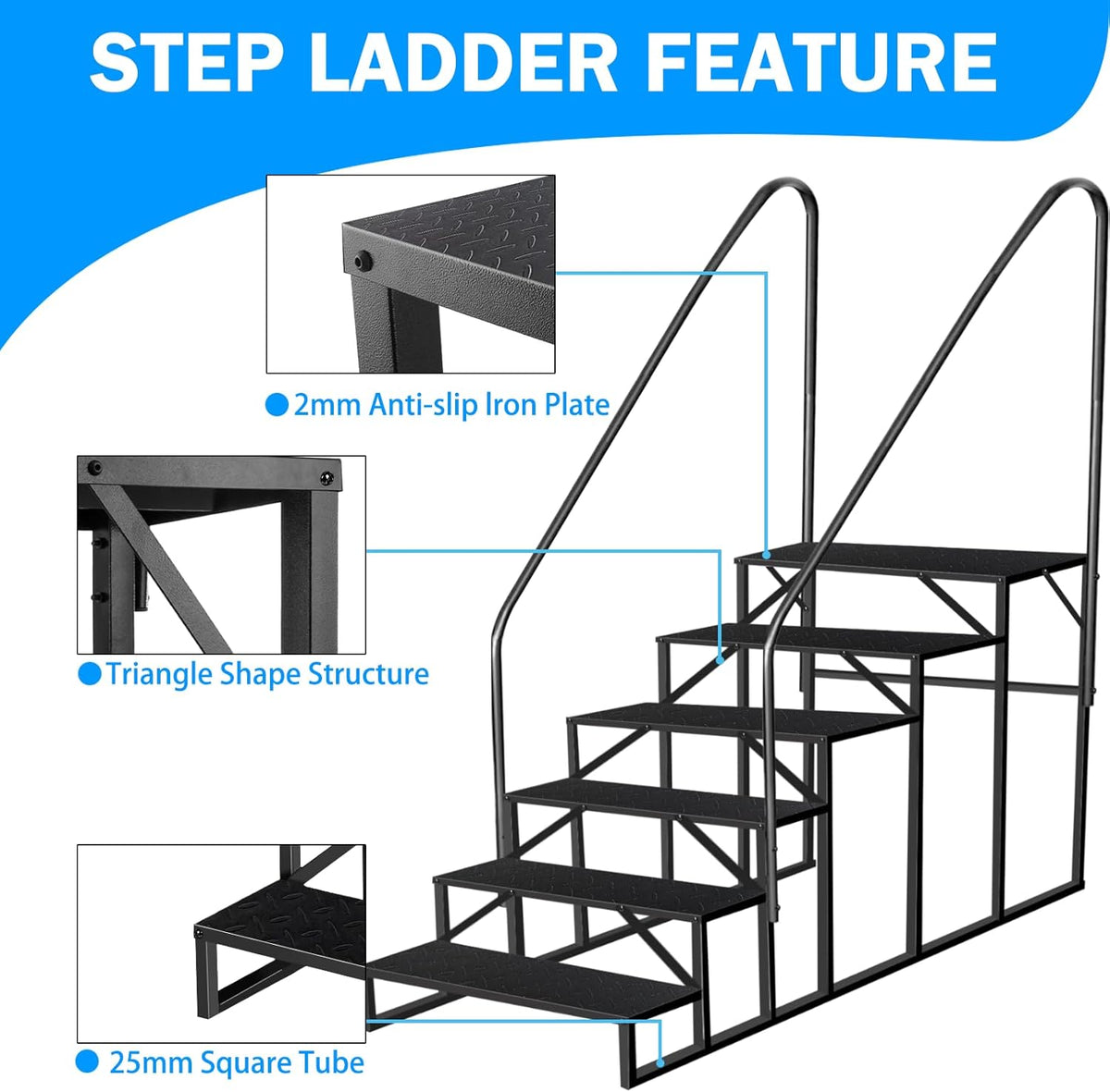 RV Stairs 6 Step Ladder, RV Steps Anti-Slip, Hot Tub Steps with Handrail, 660 lbs RV Ladder for 5th