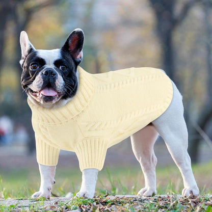 Queenmore Small Dog Pullover Sweater, Cold Weather Cable Knitwear, Classic Turtleneck Thick Warm