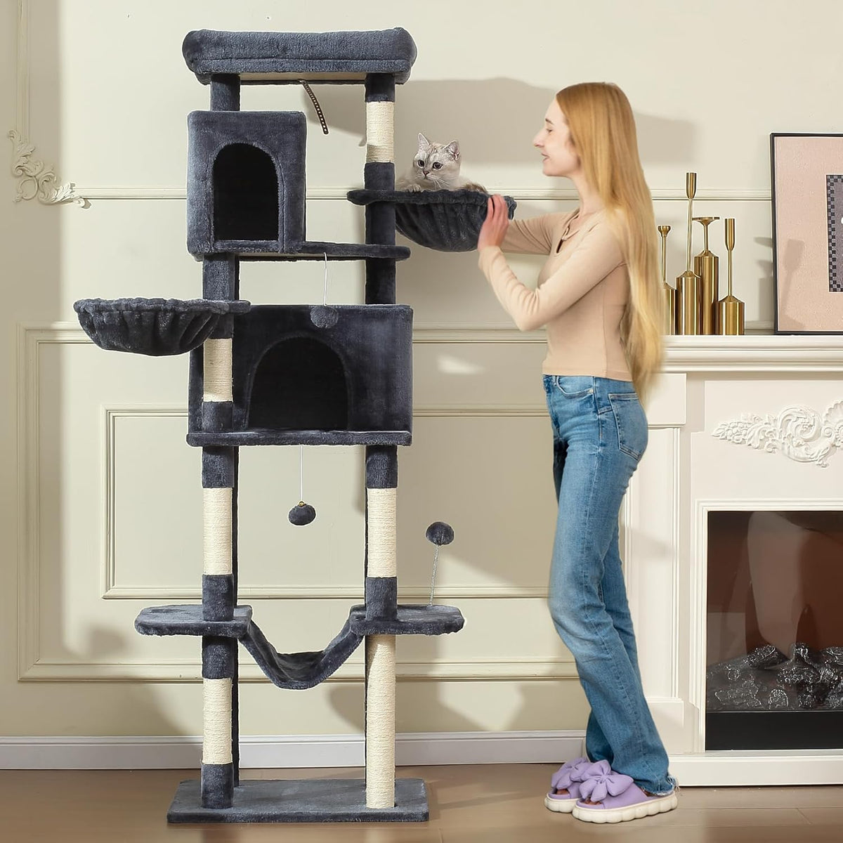 70-Inch Cat Tree,Large Cat Tree Tower with Hammock, Scratching Post, Condo and Multi-Level Cat