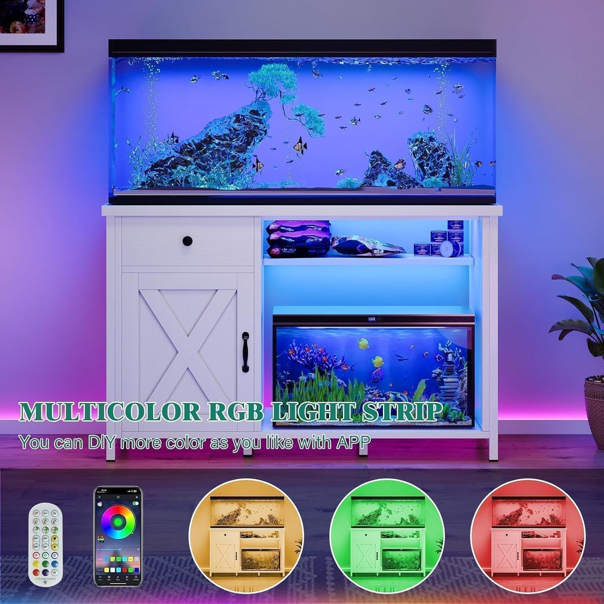 55 Gallon Fish Tank Stand with LED Light & Power Outlets, 55-75 Gallon Aquarium Stand with Drawer &