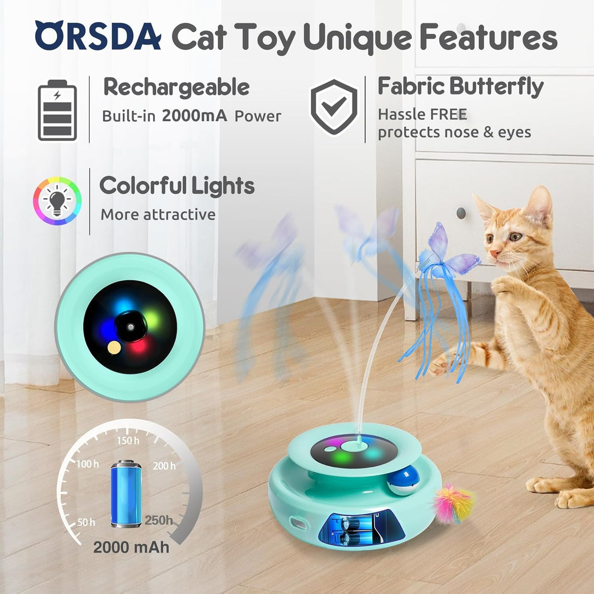 ORSDA Cat Toy, 3-in-1 Automatic Interactive Electronic Moving Ambush Feather, Fluttering Butterfly