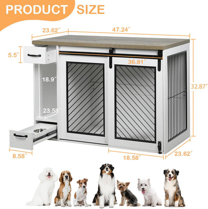 Large Dog Crate, Dog Crates for Medium Dogs, 47.2" Dog Kennel Indoor with Drawers, Feeder Bowls and