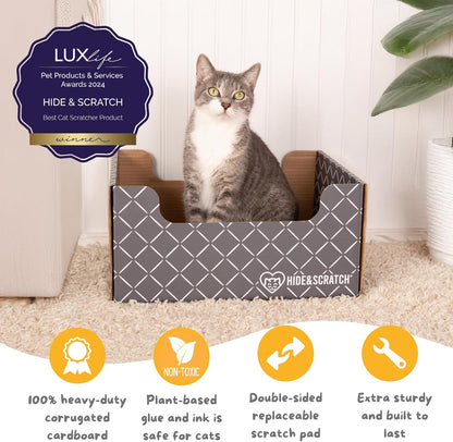 HIDE & SCRATCH Cat Scratcher Box and Cat Bed with Refillable Double-Sided Cardboard Scratch Pad for