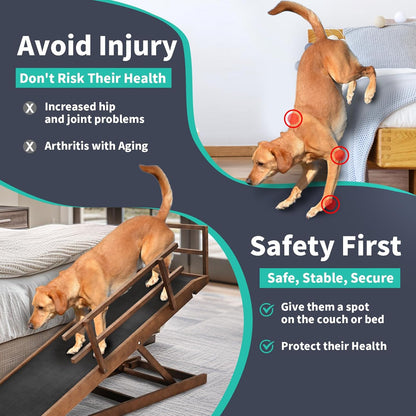 Dog Ramp, 5 Level Adjustable Wooden Folding Pet Ramp for Middle Bed, Couch,SUV-High Traction