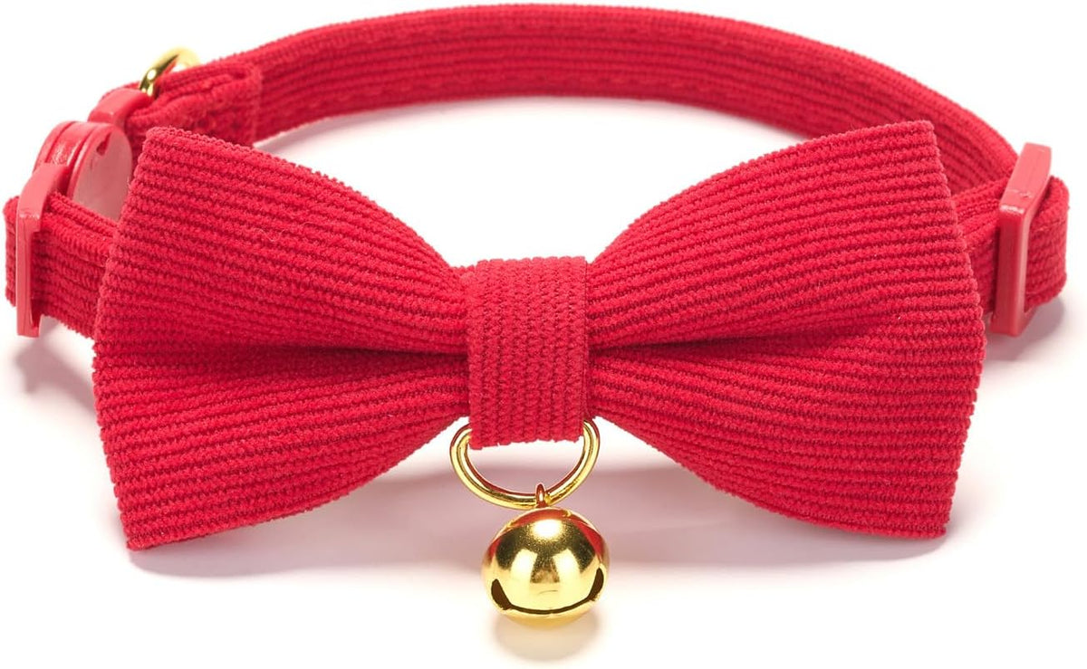 2 Pack Soft Corduroy Christmas Cat Collars with Bow Tie & Bell, Adjustable Breakaway Cotton Kitty