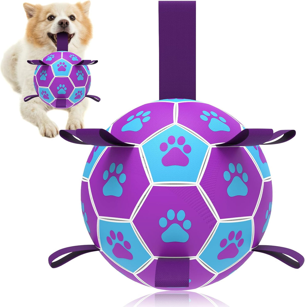QDAN Dog Ropes Toys Soccer Ball with Straps, Puppy Birthday Gifts, Tug of Toy, Water Toy, Durable