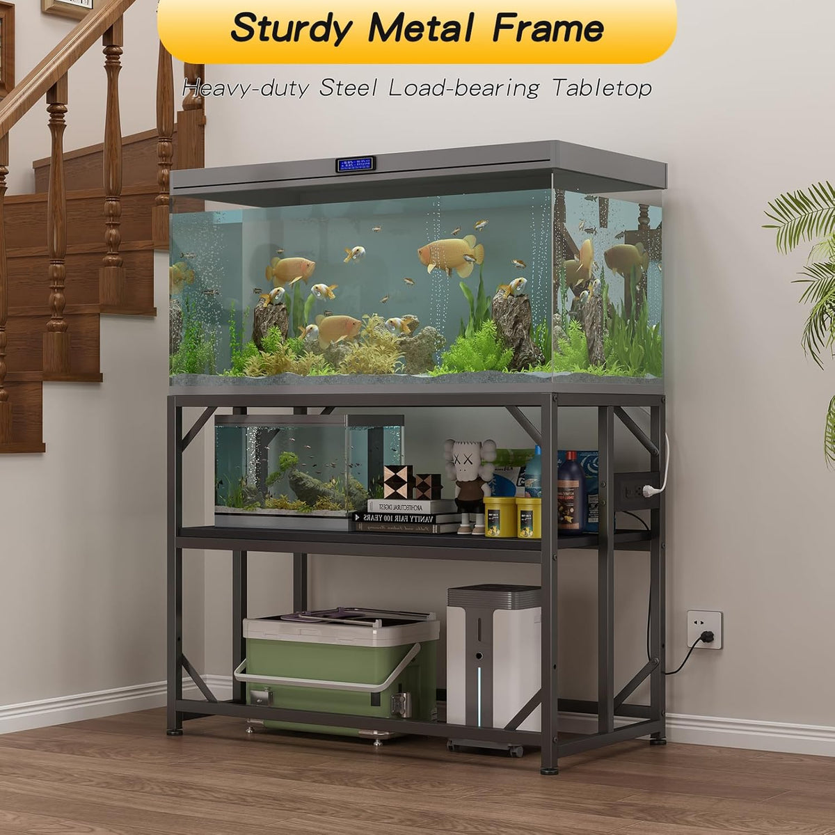Sturdy Metal Aquarium Stand with Power Outlets, Adjustable Storage Cabinet - 660LBS Capacity, Black