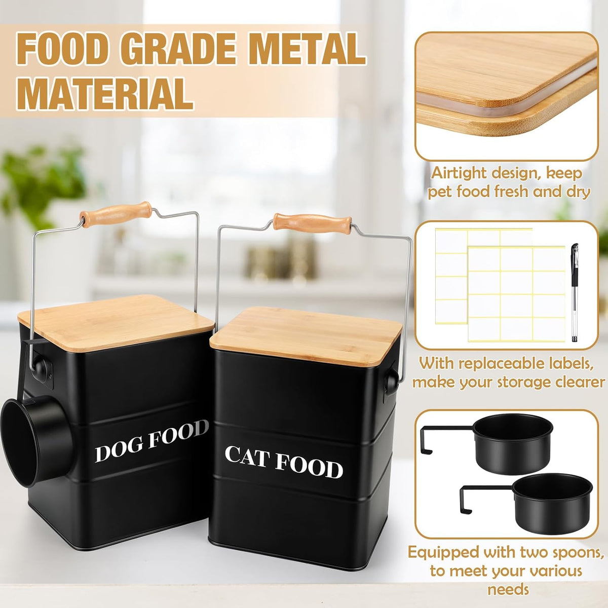 Tioncy 2 Pcs Metal Dog and Cat Food Storage Containers Big Pet Food Containers with Bamboo Lids and