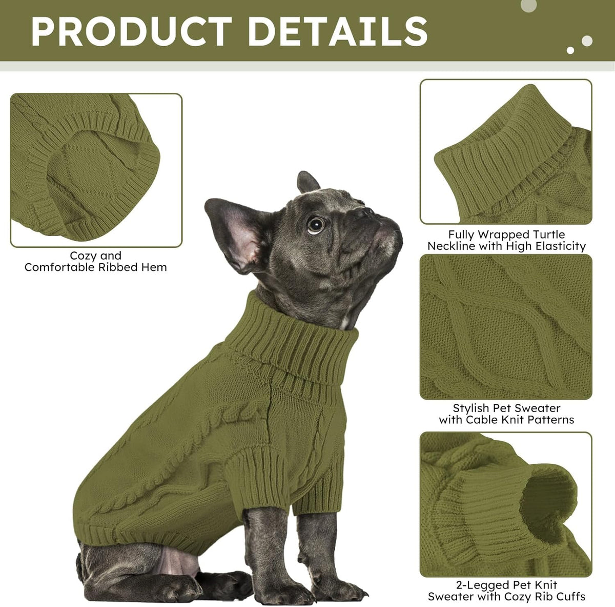 Queenmore Small Dog Pullover Sweater, Cold Weather Cable Knitwear, Classic Turtleneck Thick Warm