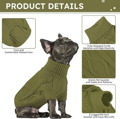 Queenmore Small Dog Pullover Sweater, Cold Weather Cable Knitwear, Classic Turtleneck Thick Warm