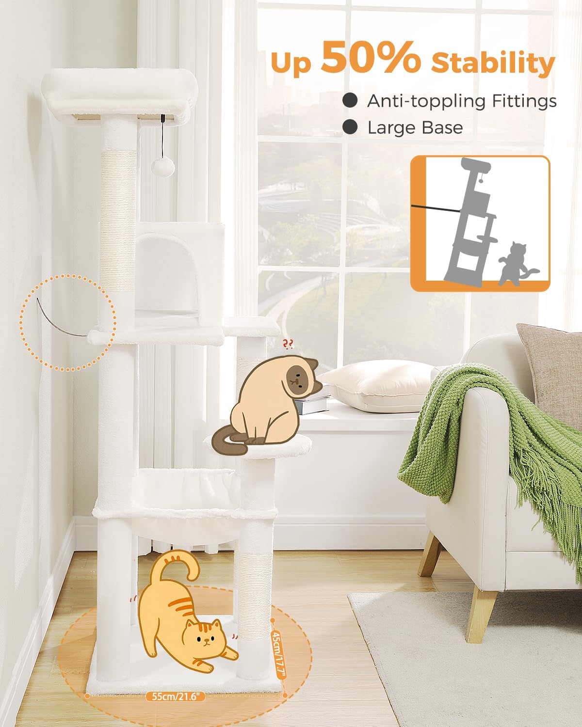 Cat Tree for Large Cats with Metal Plush Big Hammock, 56.3" Cat Tower for Indoor Cats with 2 Door