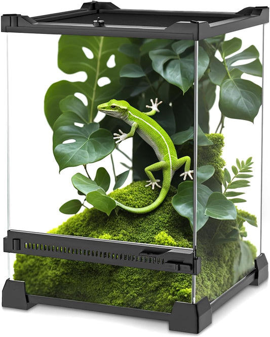 Mini Reptile Glass Terrarium 8"x8"x12" Durable Reptile Habitat Tank with Heat Resistant Aluminum