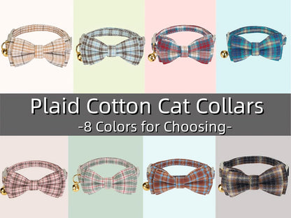 2 Pack Soft Cotton Cat Collars with Bowtie and Bell Breakaway Plaid Cat Kitten Collar(Beige and