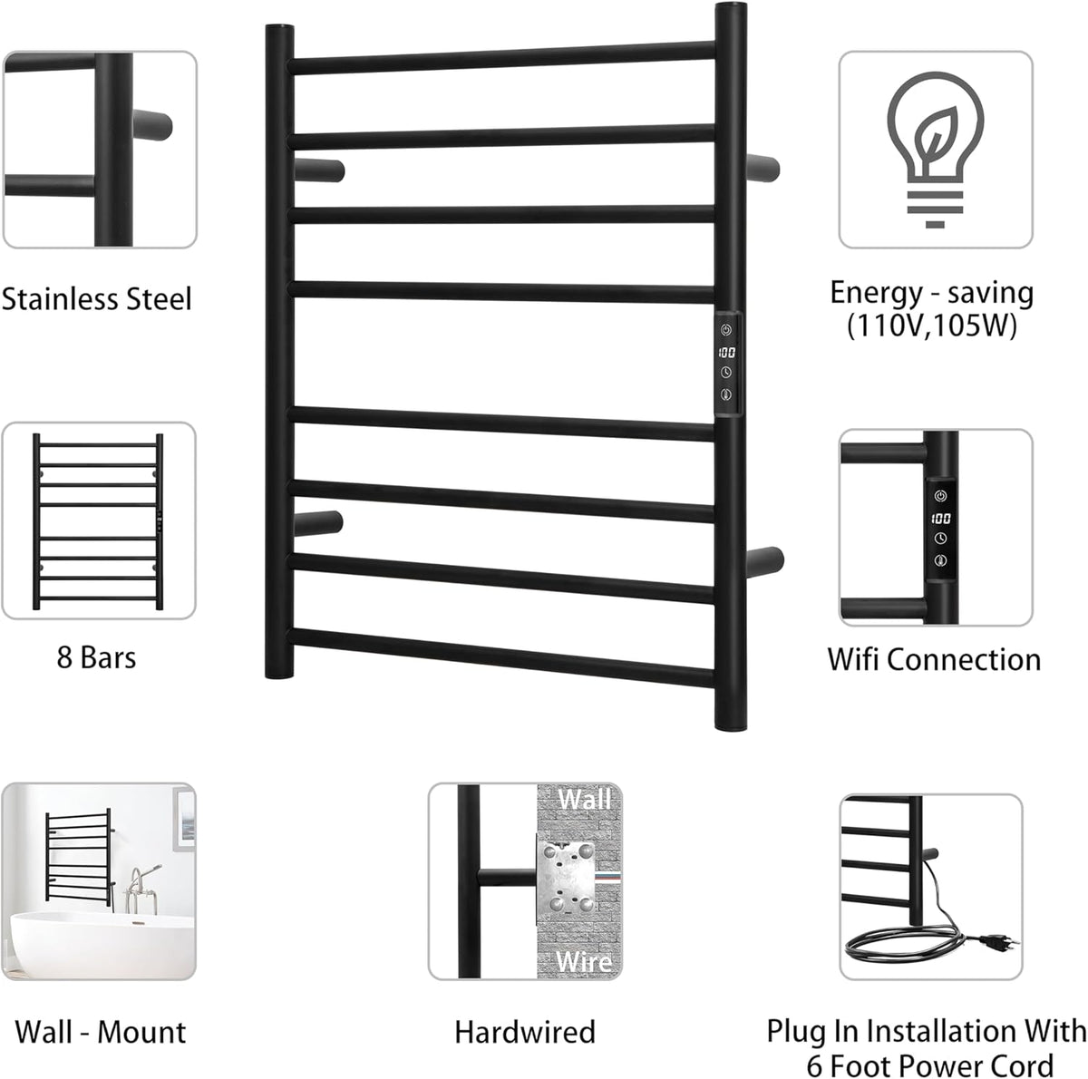 KEG Smart WiFi Towel Warmer Wall Mounted with Built-in Timer and Temperature Adjust Control, 8 Bars