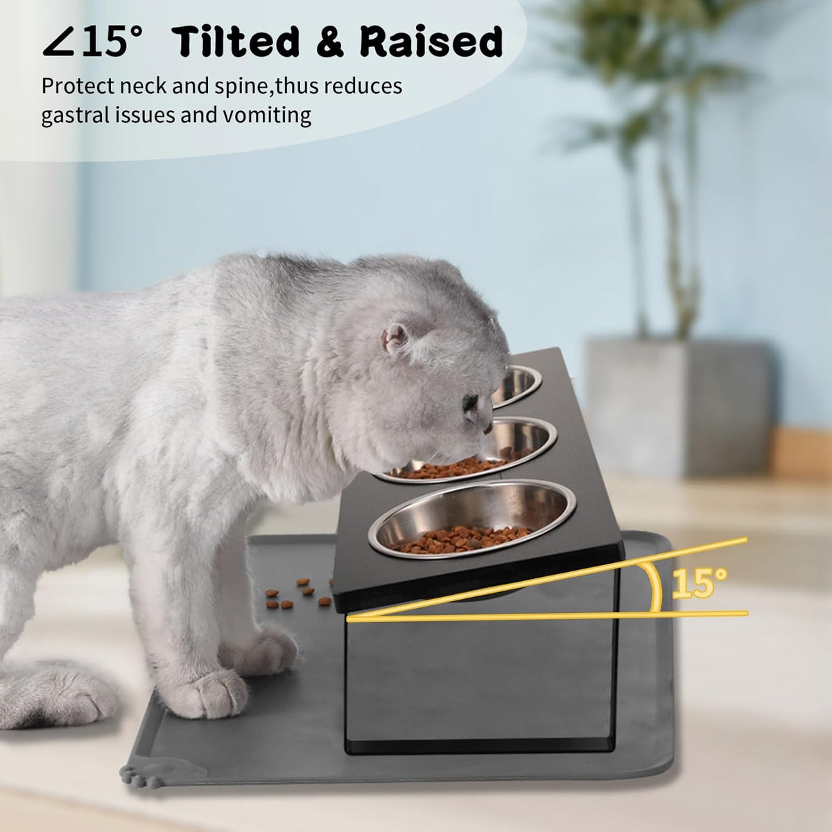 Upgraded Elevated Cat Bowls with Food Mat,15°Tilted Stand Anti Vomiting Raised Cat Dishes for Food
