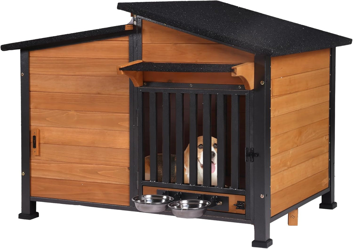 GUTINNEEN Dog House Outdoor with Anti-Chewing Metal Frame, Wooden Dog Kennel with 360° Rotating