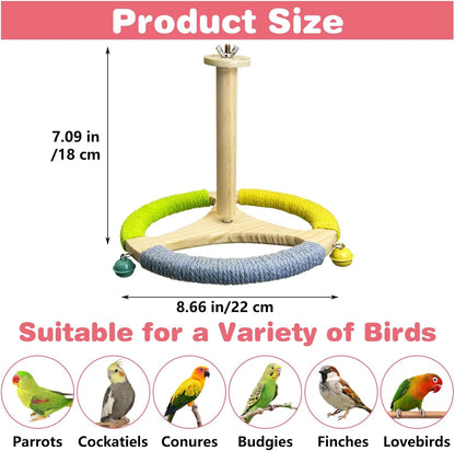 PINVNBY Hanging Bird Stand Perch Toy Wooden Spinning Parrot Perch with Cotton Rope and Bell
