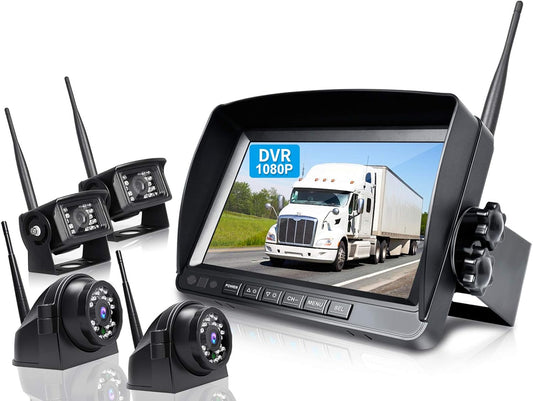 9" Wireless Backup Camera System for RV Truck Trailer Camper, 9 Inch DVR Quad Split Monitor IP69