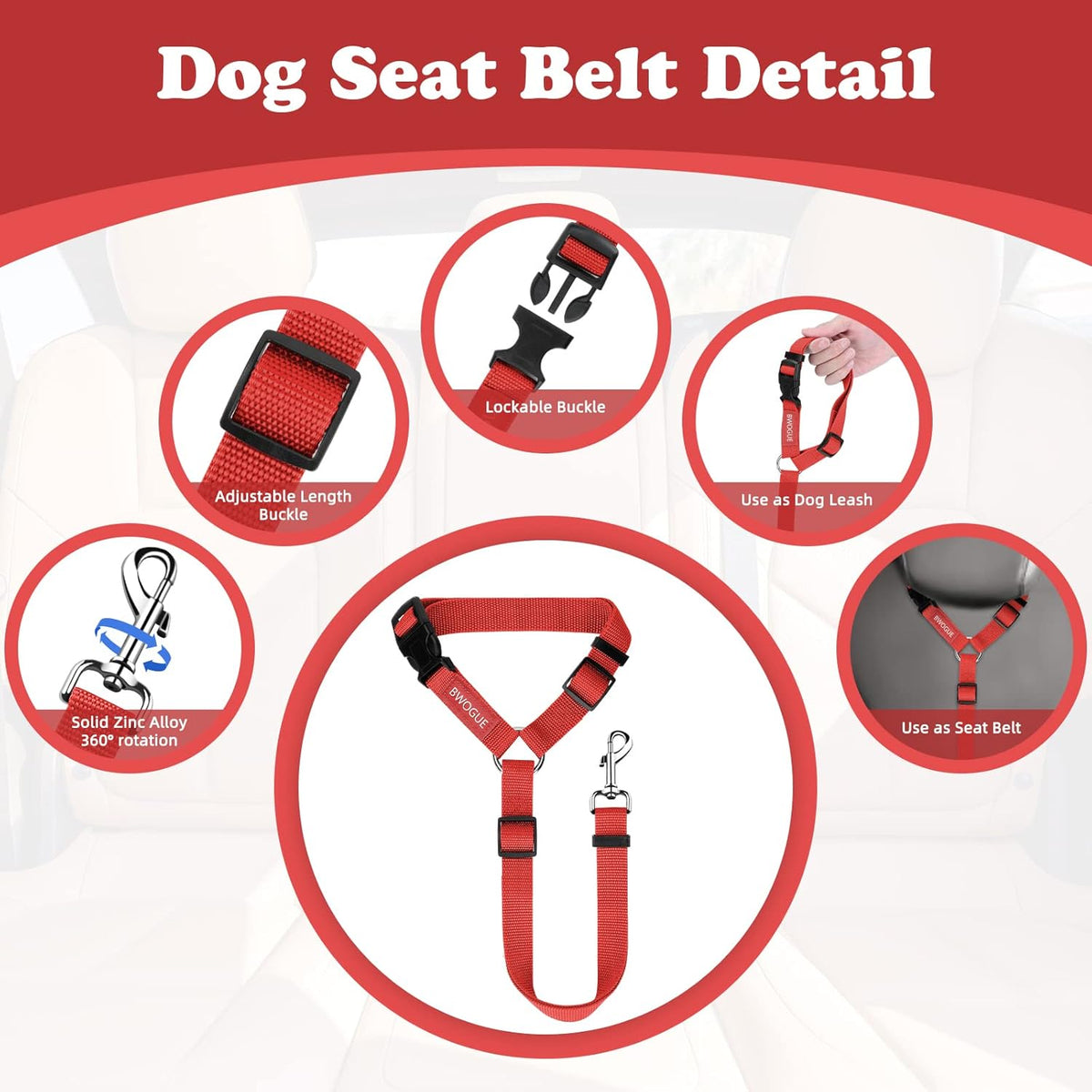 BWOGUE Pet Dog Cat Seat Belts, Car Headrest Restraint Adjustable Safety Leads Vehicle Seatbelt