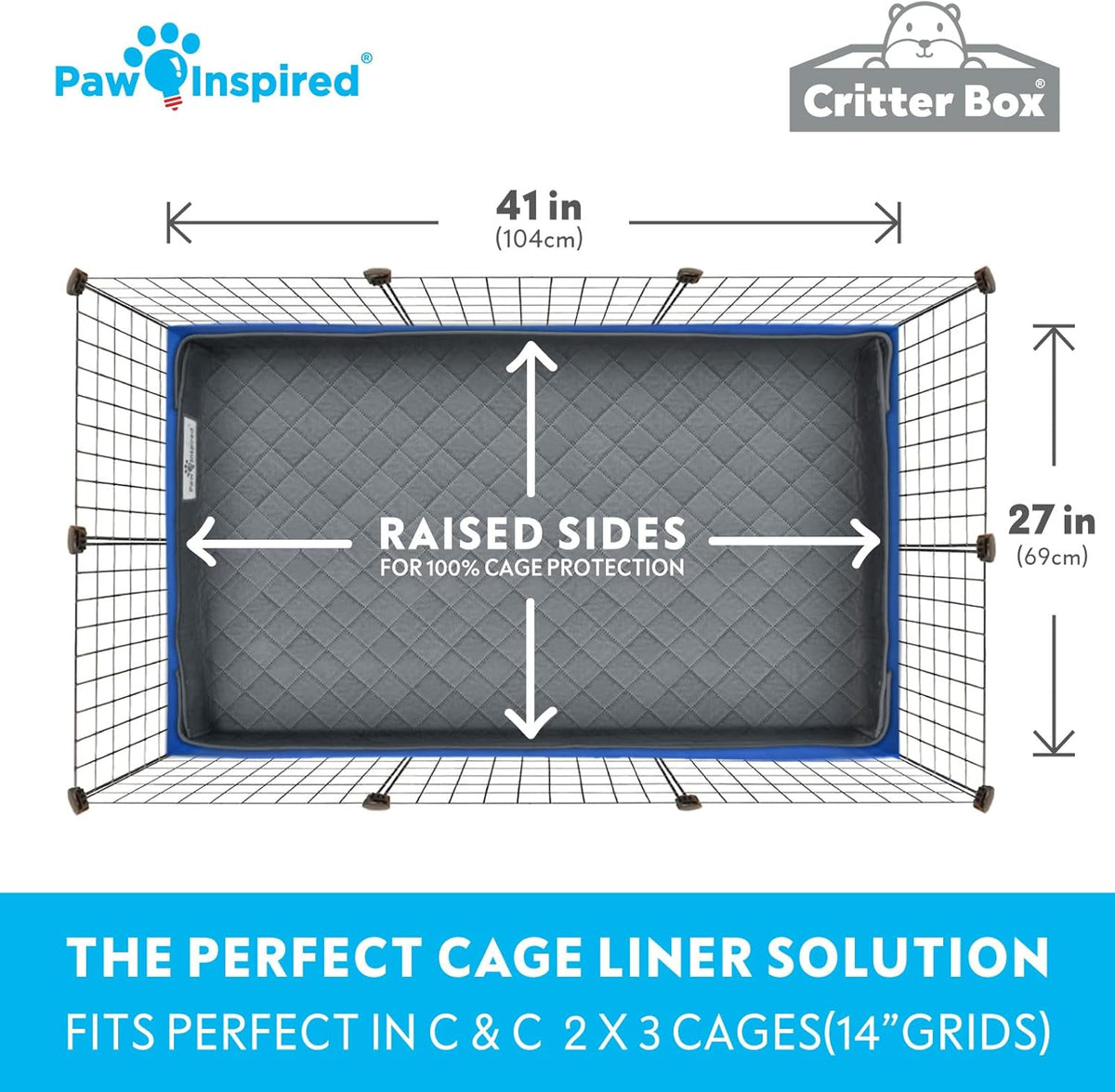 Paw Inspired Critter Box Washable Cage Liner, Reversible Fleece Bedding with Raised Sides for