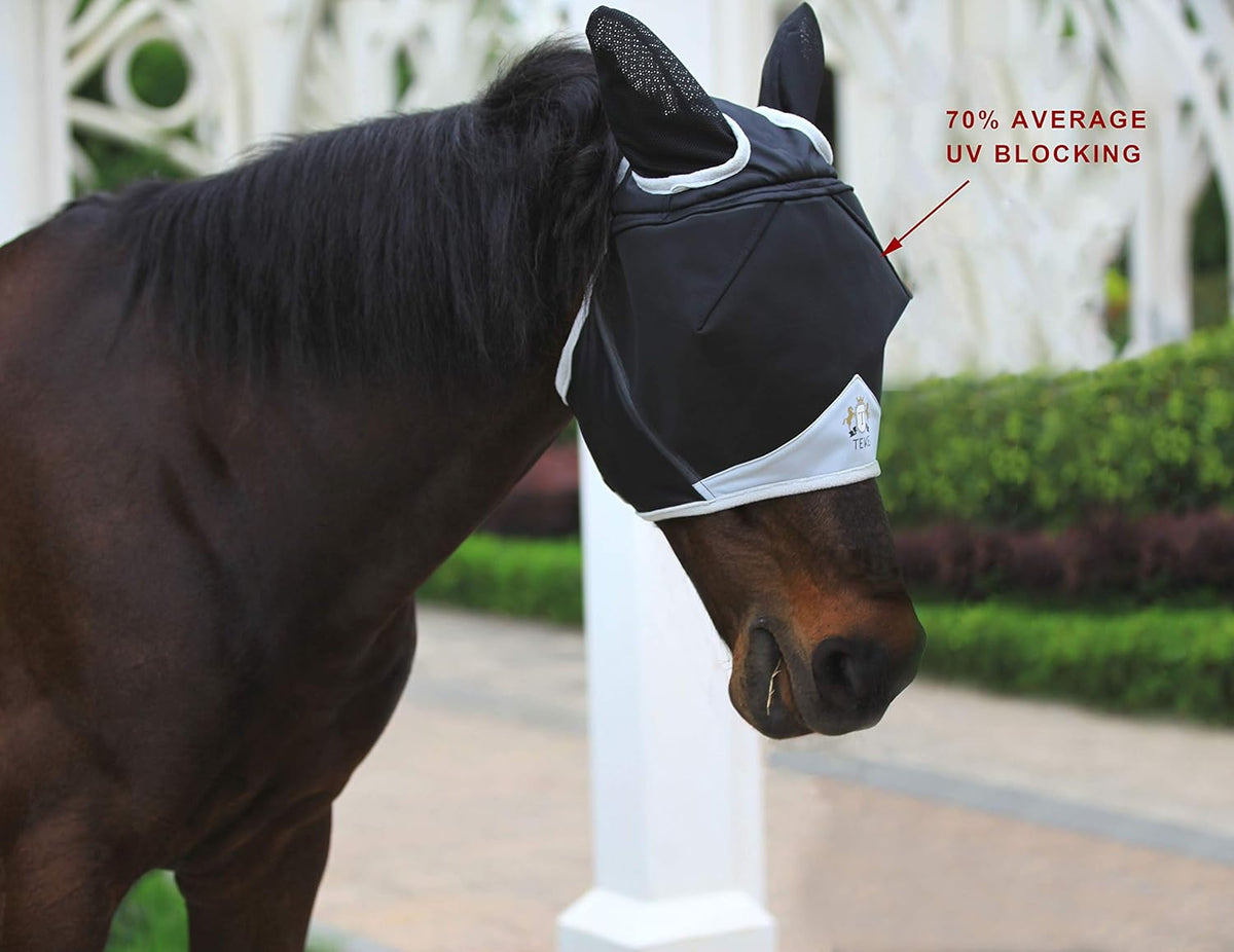 T TEKE Fine Mesh Horse Fly Mask w/Ears, UV Blocking 3D Eye Visor with Extra Fleece Cushioned