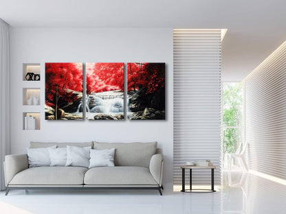 Wieco Art 3 Piece Red Forest Waterfalls Canvas Prints Wall Art for Living Bedroom Room Home