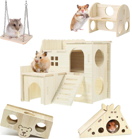 Hamster Toys 5-Piece Set ，Hamster House, Swing, Climbing Ladder, Seesaw & Exercise Wheel，Pet DIY