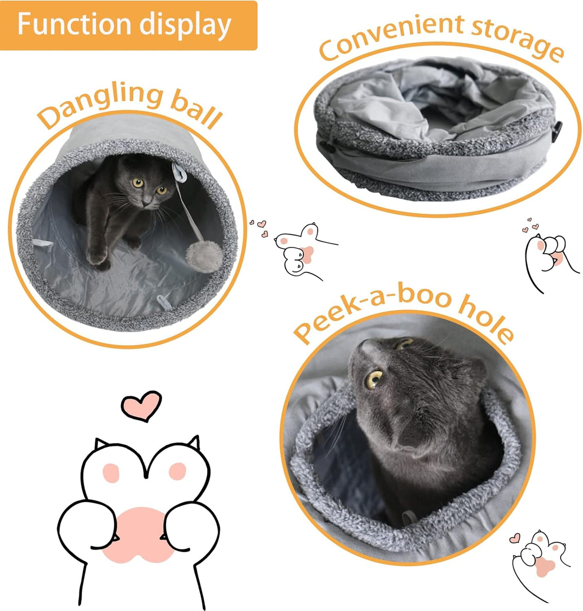 Cat Tunnel for Indoor Cats, 51×12 inch Foldable Big Cat Tunnel, Grey Suede Pet Tunnels with Two