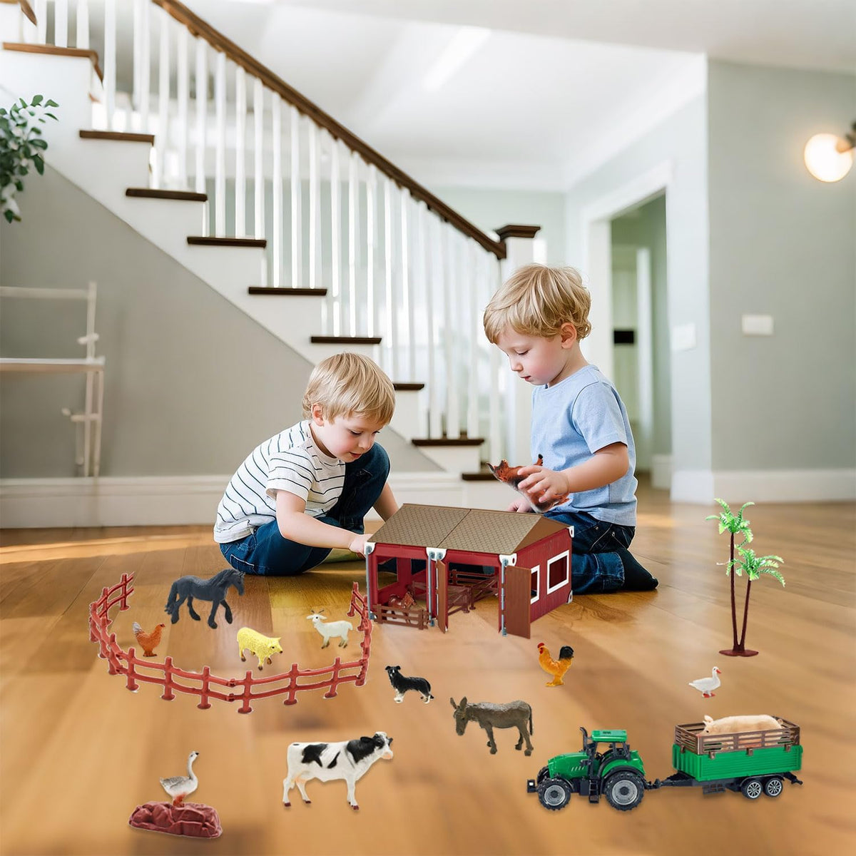 BOLZRA Mini Barn Playset, 66PCS Plastic Animals Figurines and Fence, Farm Figures Farmer Vehicle