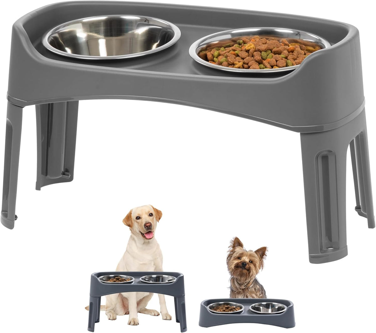 IRIS USA Elevated Dog Bowls, Adjustable Height, 2 Thick 64 oz Stainless Steel Bowls, Spill-Proof