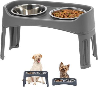 IRIS USA Elevated Dog Bowls, Adjustable Height, 2 Thick 64 oz Stainless Steel Bowls, Spill-Proof