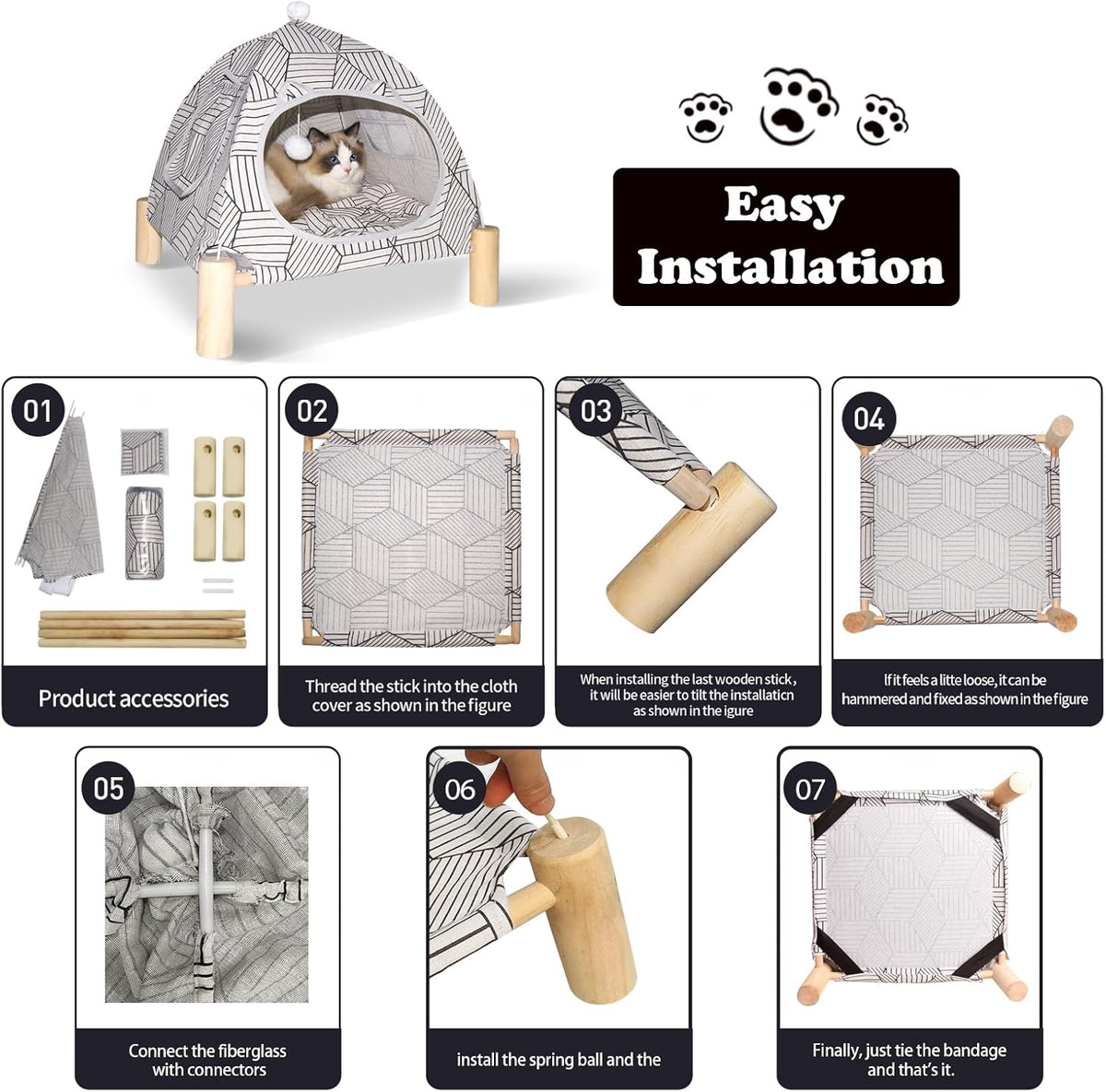 2-in-1 Elevated Cat Tent Cat House, Quick Assembly and Disassembly, Portable Indoor/Outdoor Cute