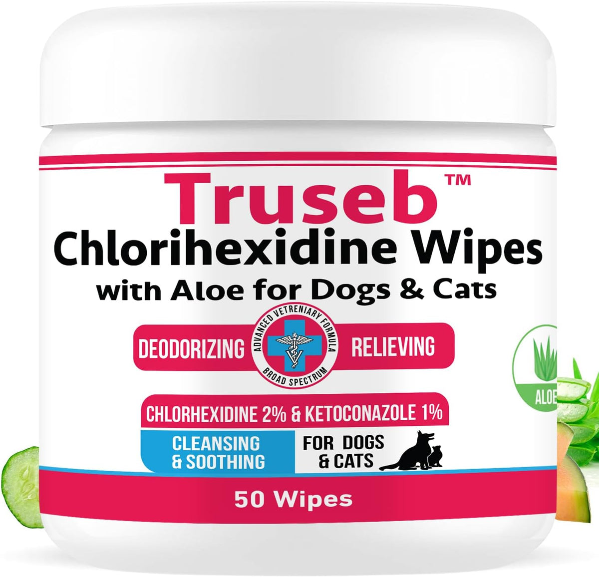 Truseb Topical Ketoconazole and Chlorhexidine Wipes for Dogs, Cats and Horses - with Aloe for
